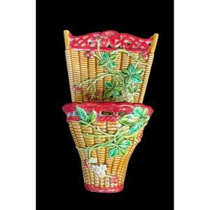 Sarreguemines Majolica Earthenware Flower Vase Varnished Terracotta Basket 