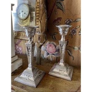 Pair Of English Silver-plated Candlesticks, Louis XVI Style, Adam Style