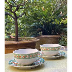 Pair Of Porcelain Breakfast Cups From Maison Christofle, Oceana Model, Ginko Green 