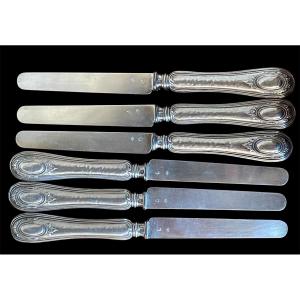 SÉRIE DE 6 COUTEAUX À FRUITS OU ENTREMETS ARGENT MASSIF  POINÇON MINERVE STYLE LOUIS XVI  