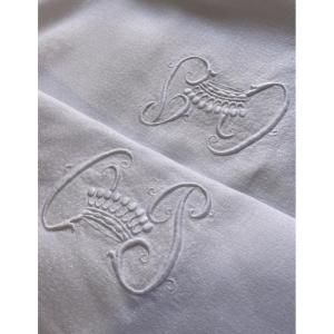NAPPE DAMASÉE RECTANGULAIRE COURONNE COMTALE SUR UN MONOGRAMME OP COMTE NOBLESSE ARISTOCRATIE 