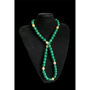 Guy Laroche House "couture" Long Necklace With Green And Pearlescent Fancy Beads, 1980s