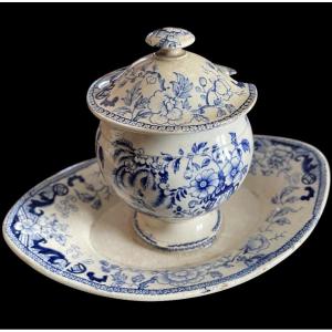 MOUTARDIER COUVERT EN FAÏENCE MODELE PAGODE CREIL ET MONTEREAU LEBEUF MILLIET & CIE VERS 1840 