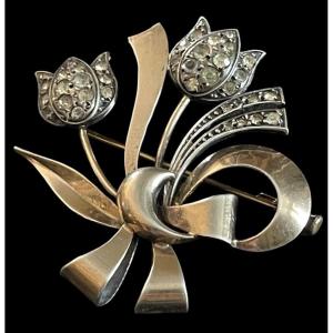 Flower Bouquet Brooch By Georges Legros In Silver Vermeil And Rhinestones, Circa 1940–1950
