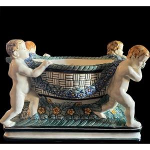 JARDINIÈRE EN MAJOLIQUE ART NOUVEAU JUGENDSTIL MANUFAKTUR KARLSRUHE VERS 1905-1908 