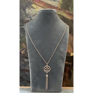COLLIER SAUTOIR EN MÉTAL ARGENTÉ DE LA MAISON TED LAPIDUS VERS 1970/1980 BIJOUX COUTURE