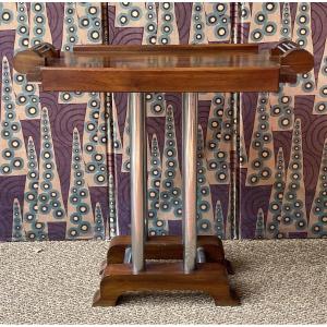 TABLE DE FUMEUR D'APPOINT STYLE PAQUEBOT VERS 1930 EN NOYER ET CHROME ART DÉCO