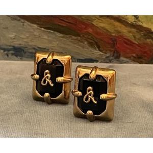 Pair Of Sonia Rykiel "couture Maison" Clip-on Earrings In Black Glass & Gold-tone Metal 