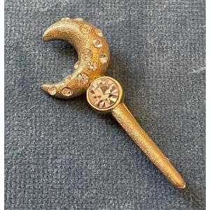 Vintage Fashion Brooch By Guy Laroche Paris, "esprit Celeste" Crescent Moon With Rhinestones 
