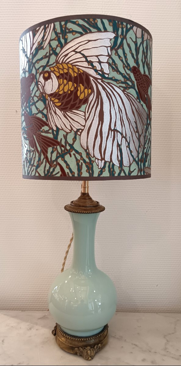 Paire de lampes à pétrole en opaline et abat jour-photo-3