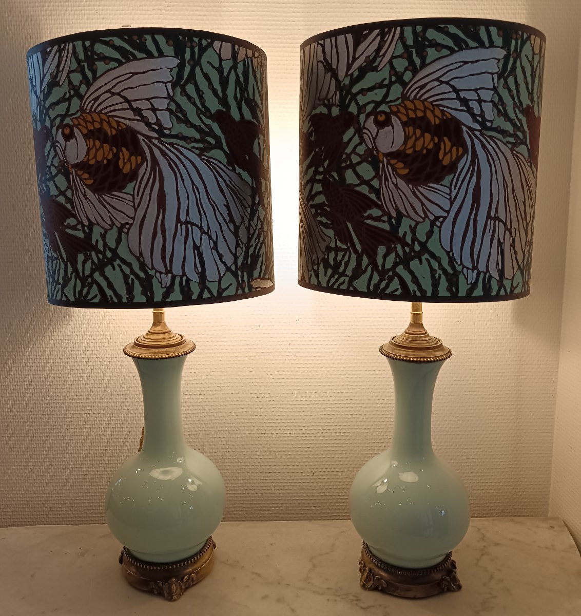 Paire de lampes à pétrole en opaline et abat jour-photo-3