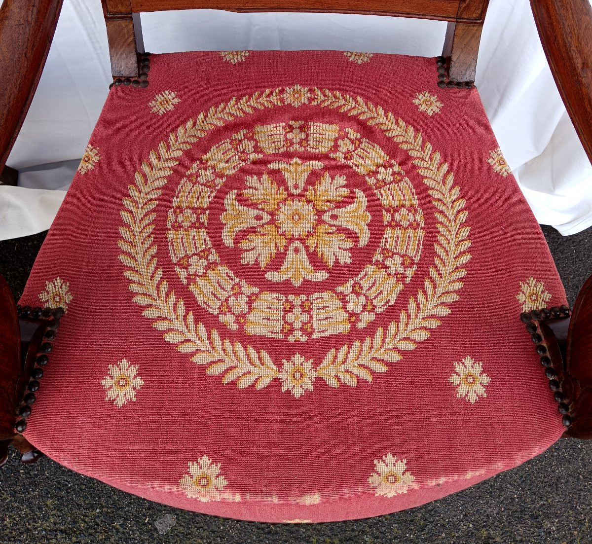 Pair Of Mahogany Armchairs With Restoration Period Tapestry-photo-3
