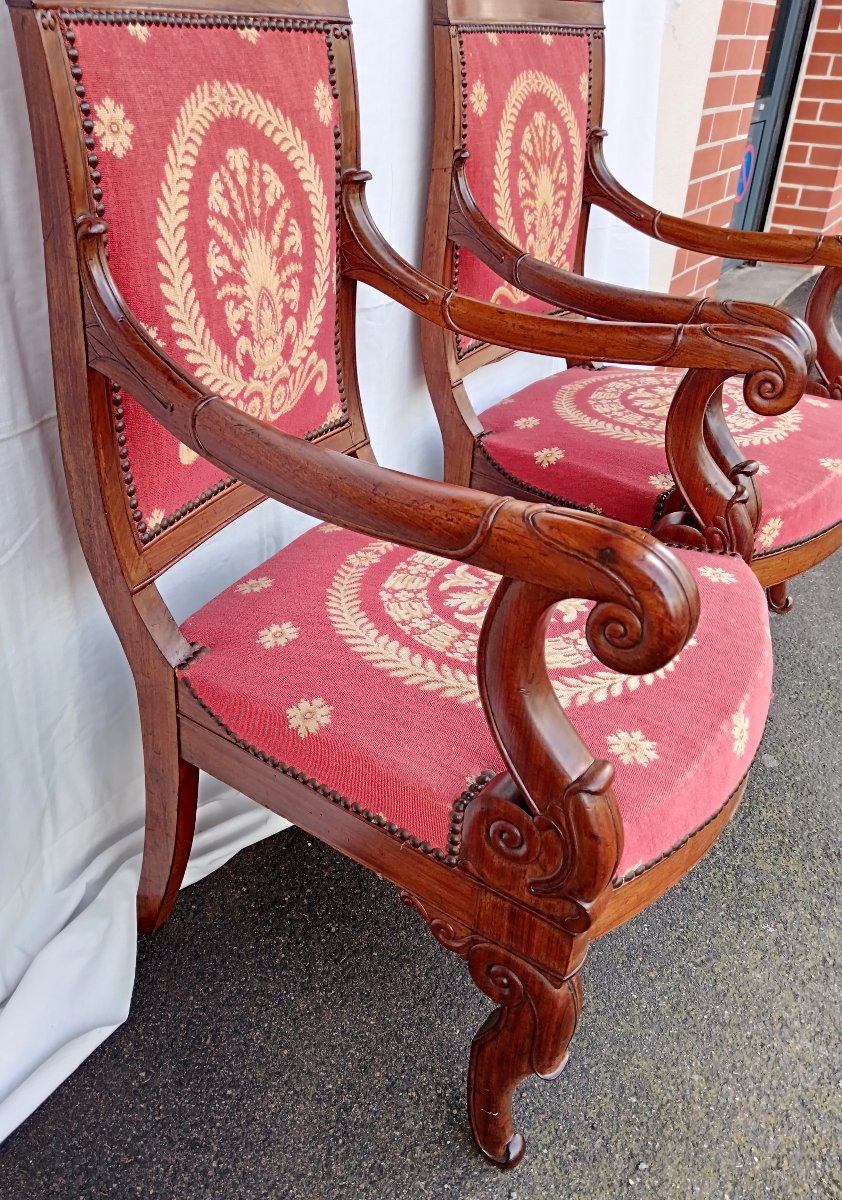 Pair Of Mahogany Armchairs With Restoration Period Tapestry-photo-1