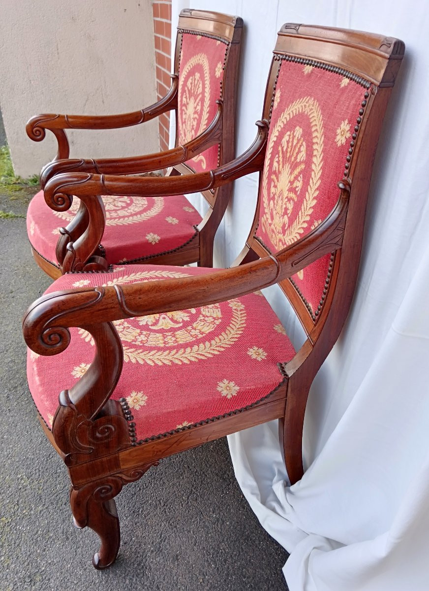 Pair Of Mahogany Armchairs With Restoration Period Tapestry-photo-4