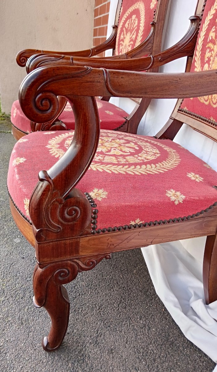 Pair Of Mahogany Armchairs With Restoration Period Tapestry-photo-7