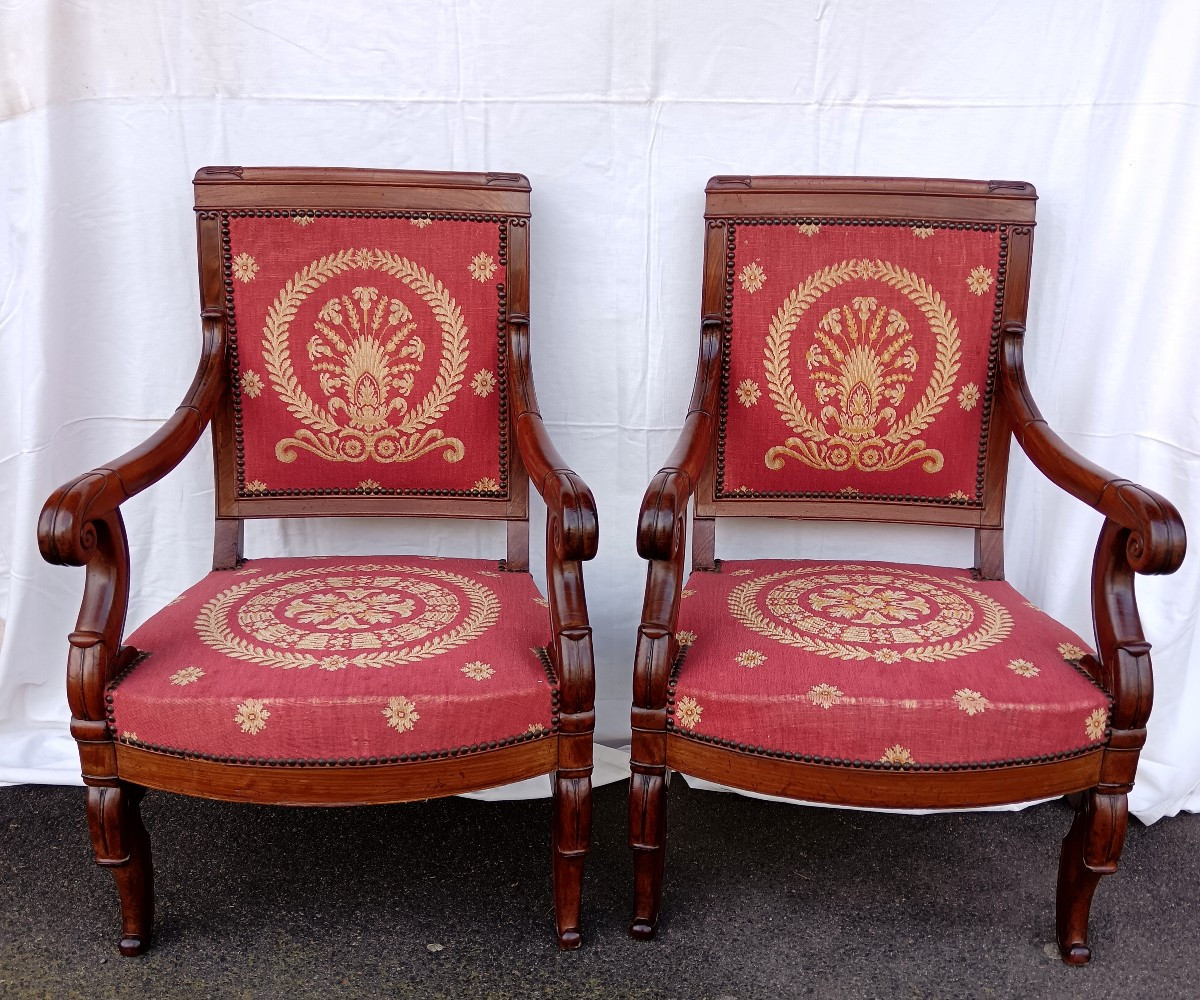 Pair Of Mahogany Armchairs With Restoration Period Tapestry