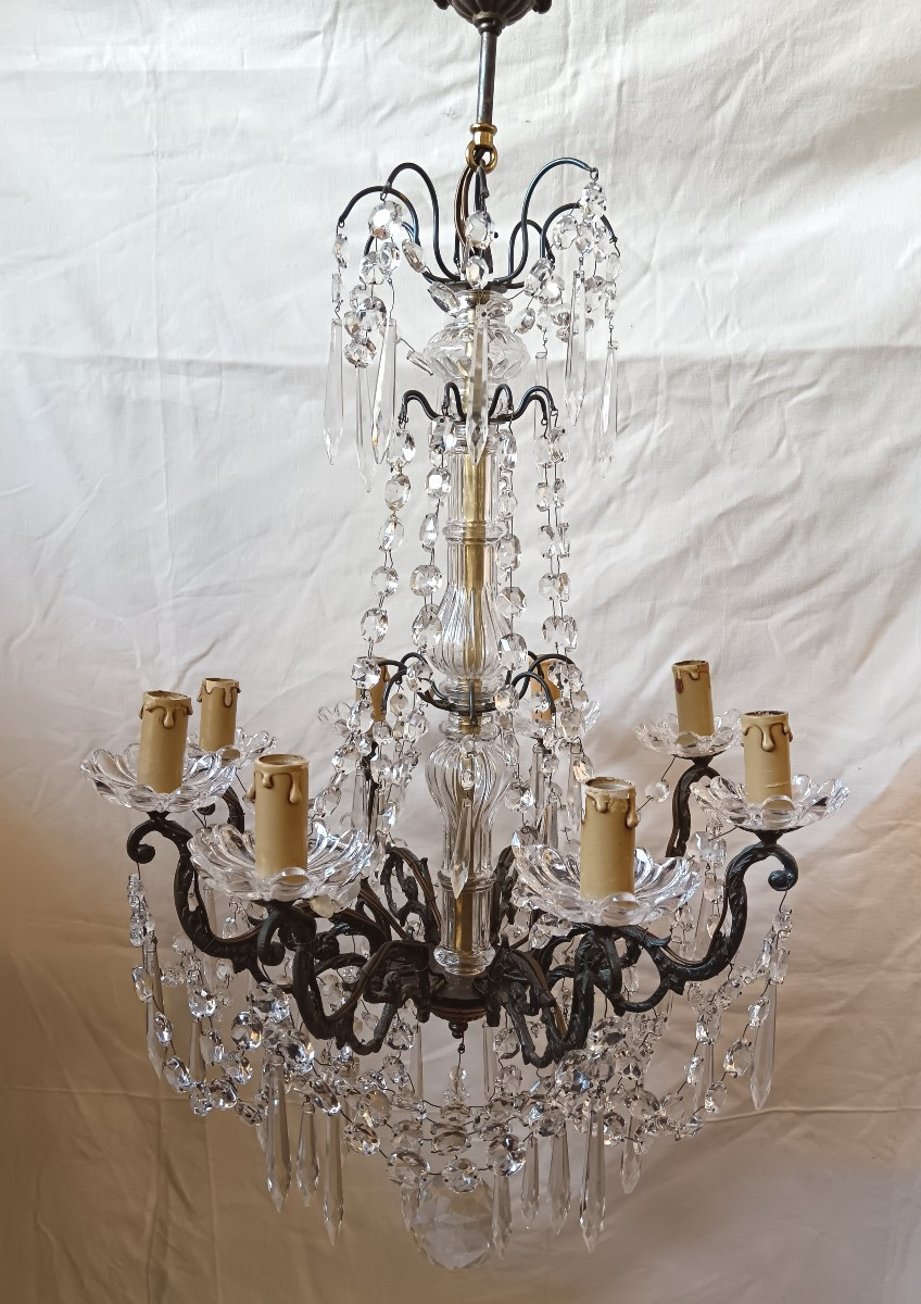 Lustre à pampilles en cristal 8 lumières 20e siècle 