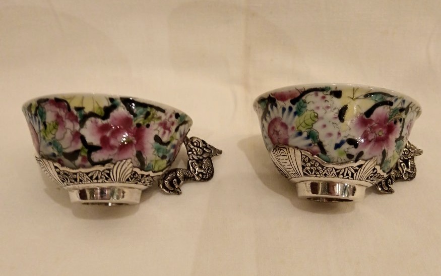 Two Indochine Porcelain And Solid Silver Cups