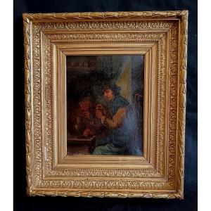 Huile sur toile école Hollandaise scène de taverne 19e