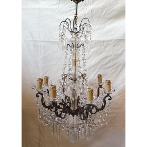 Lustre à pampilles en cristal 8 lumières 20e siècle 