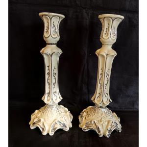 Pair Of Langeais Earthenware Candlesticks