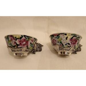 Deux tasses en porcelaine et argent massif Indochine