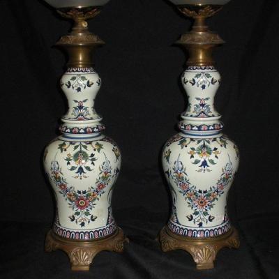 Pair Of Gien Earthenware Oil Lamps