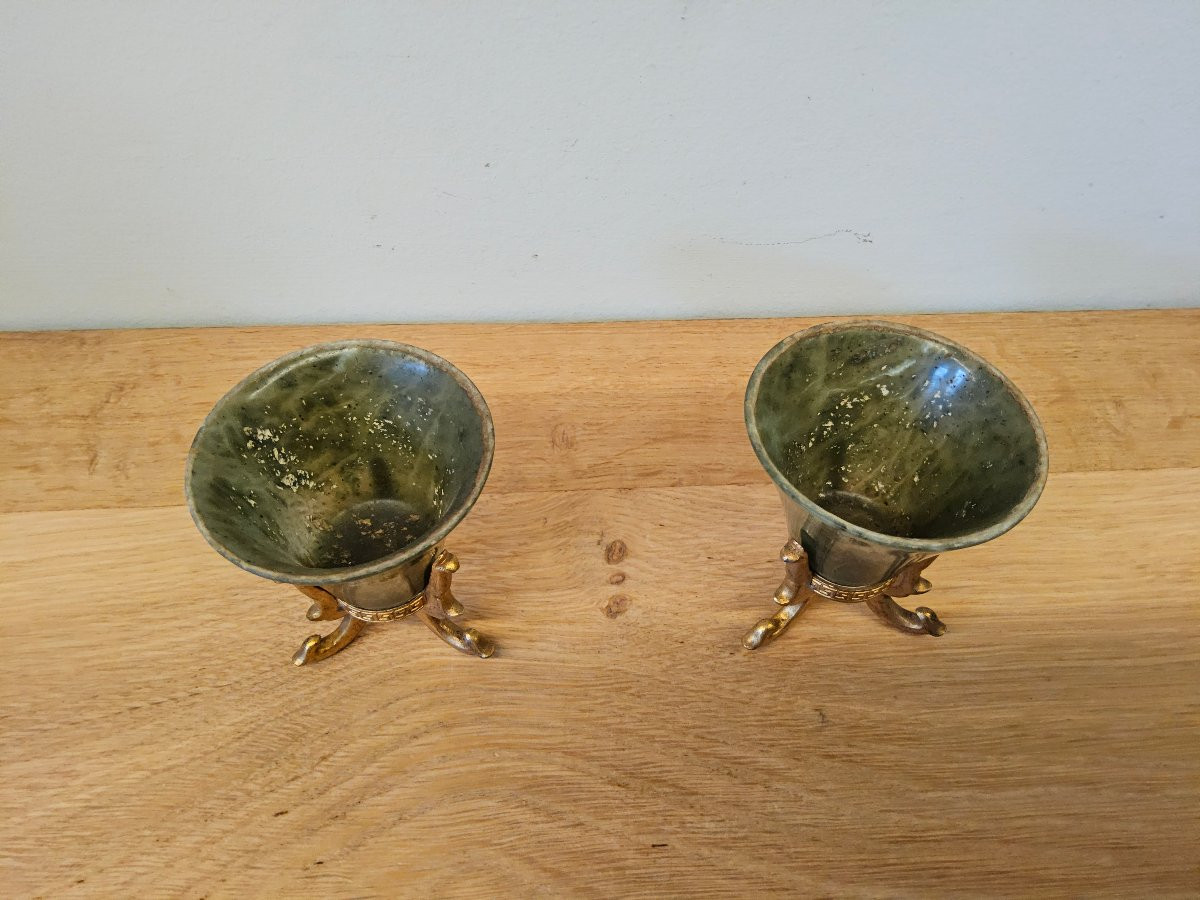Paire de bols en jade montés sur bronze-photo-3