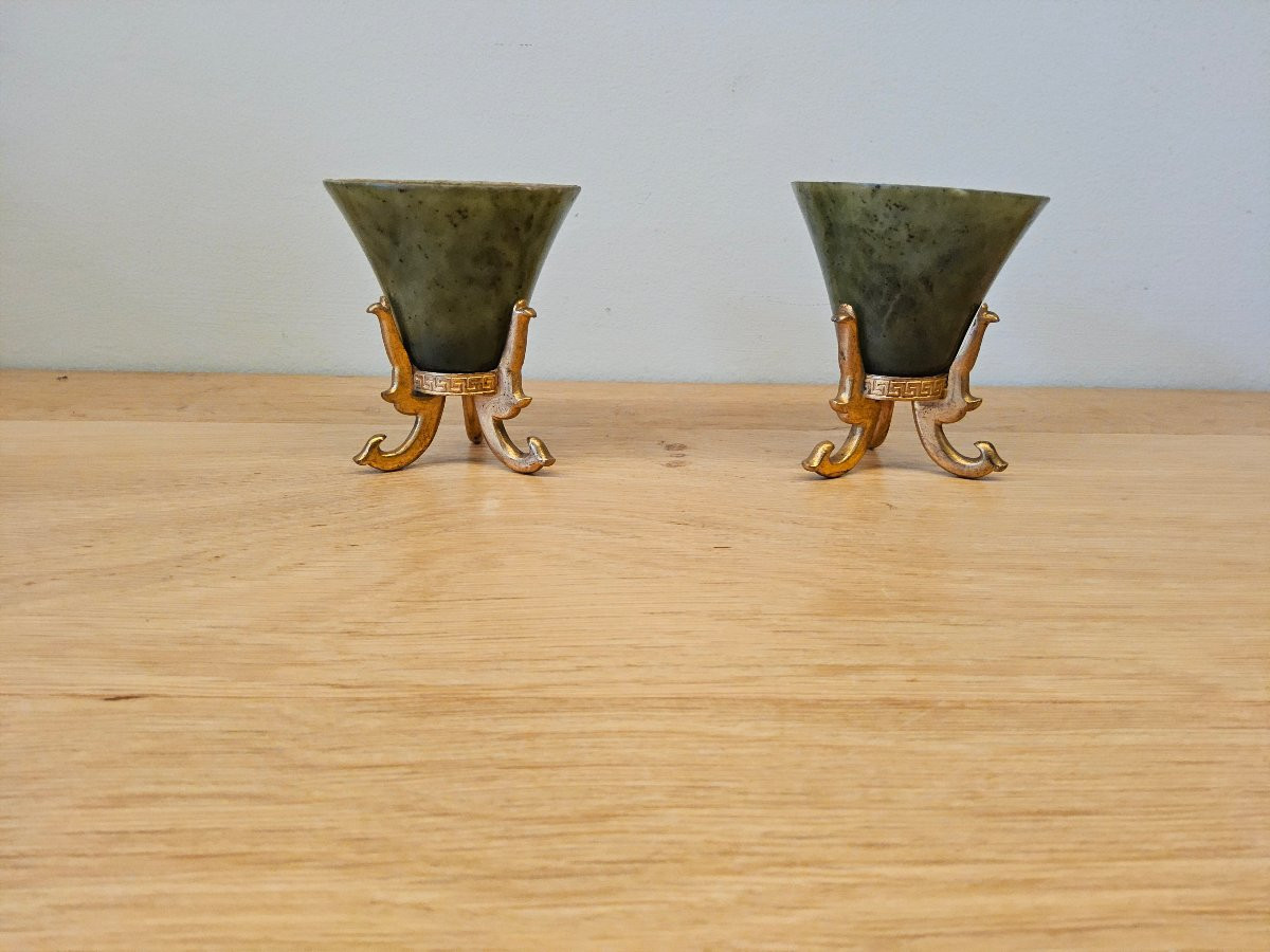 Paire de bols en jade montés sur bronze-photo-4