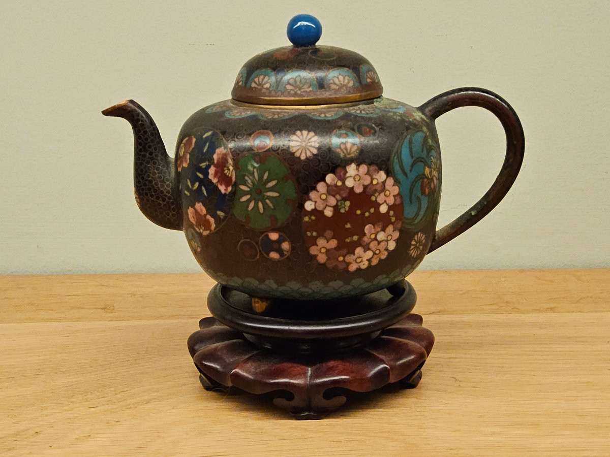 Théière japonaise en bronze cloisonné du XIX ème siècle. -photo-4