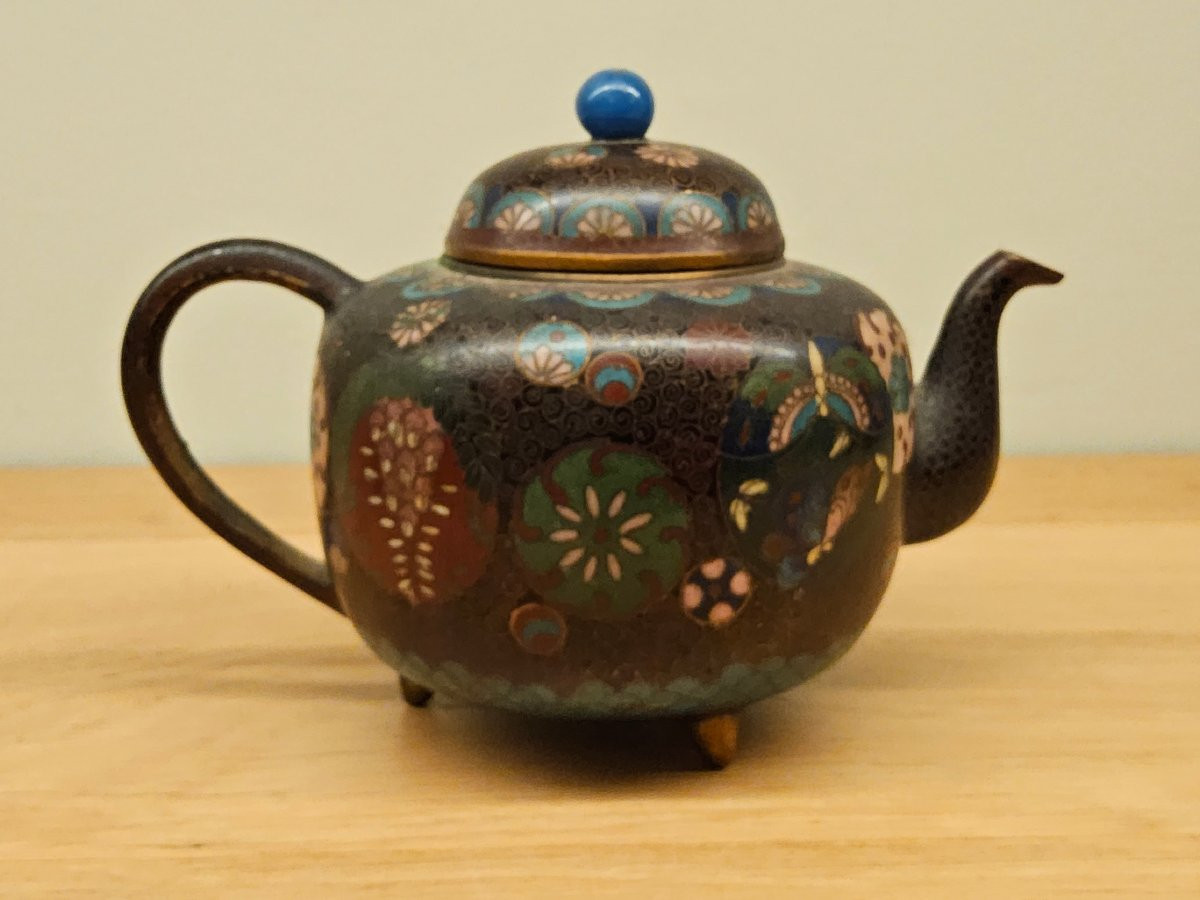 Théière japonaise en bronze cloisonné du XIX ème siècle. -photo-1