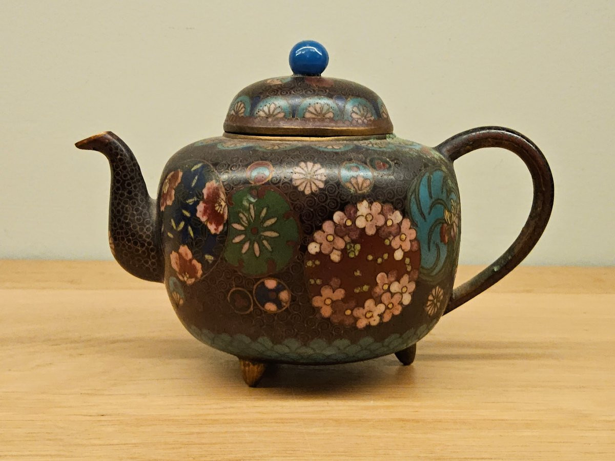 Théière japonaise en bronze cloisonné du XIX ème siècle. -photo-2