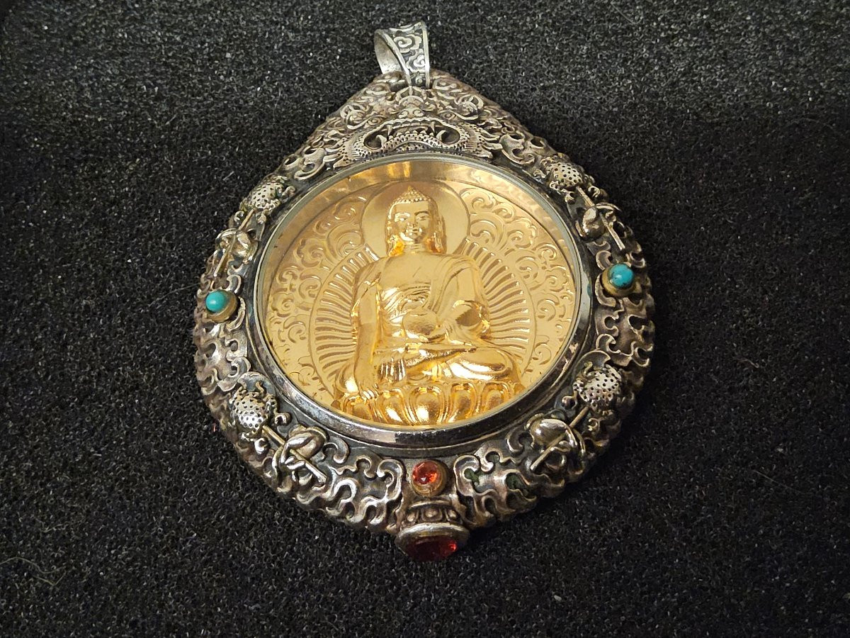 Amulette, pendentif de protection bouddhique en argent massif, plaqué or, turquoise naturelles -photo-4