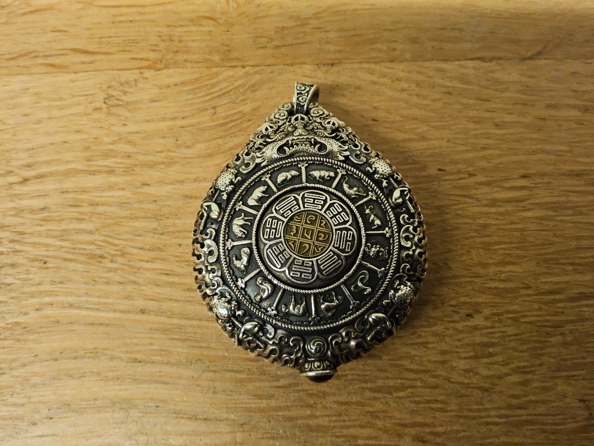 Amulette, pendentif de protection bouddhique en argent massif, plaqué or, turquoise naturelles -photo-2