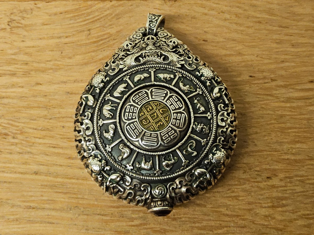 Amulette, pendentif de protection bouddhique en argent massif, plaqué or, turquoise naturelles -photo-3