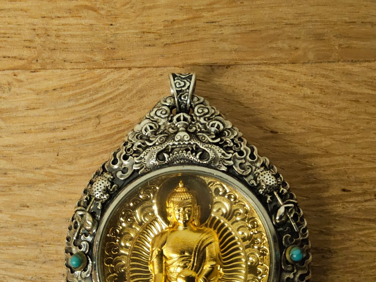 Amulette, pendentif de protection bouddhique en argent massif, plaqué or, turquoise naturelles -photo-4