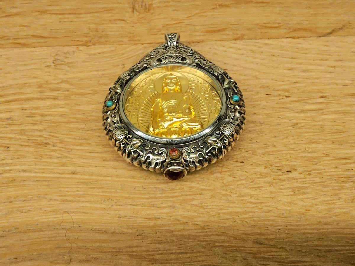Amulette, pendentif de protection bouddhique en argent massif, plaqué or, turquoise naturelles -photo-5