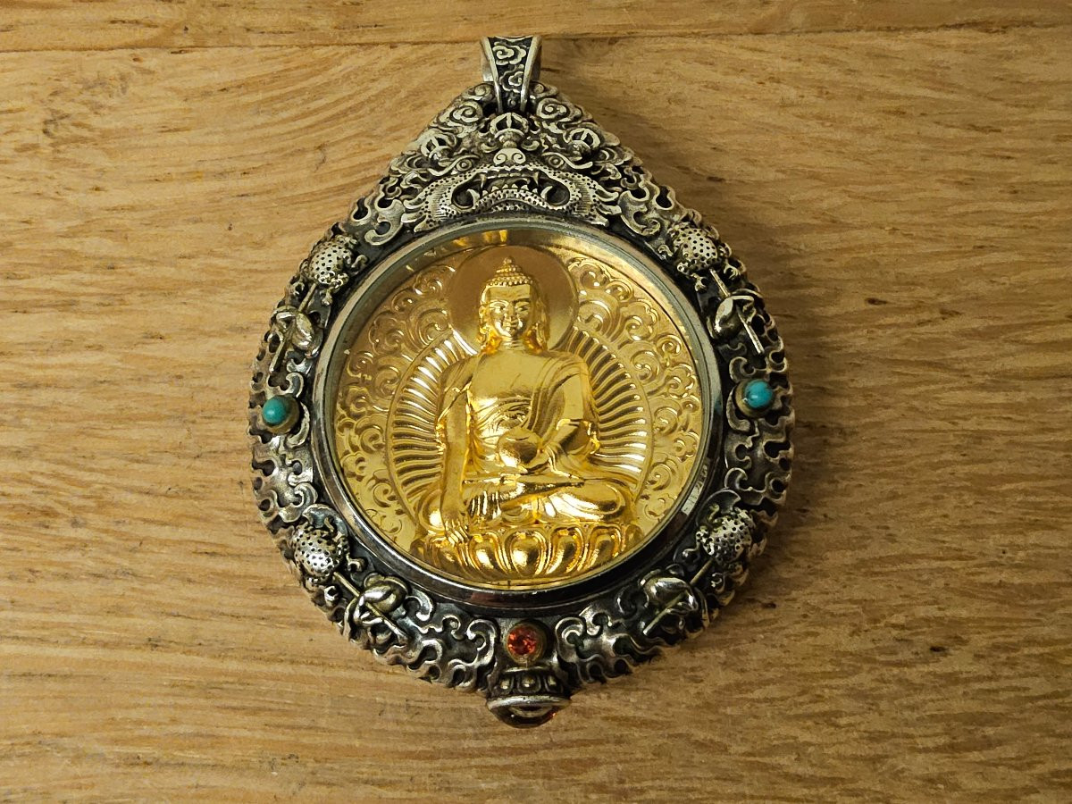 Amulette, pendentif de protection bouddhique en argent massif, plaqué or, turquoise naturelles -photo-6