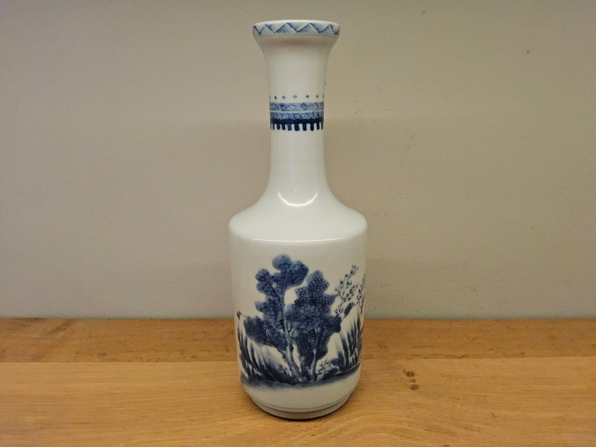 Vase mallet chinois en porcelaine blanc bleu-photo-2