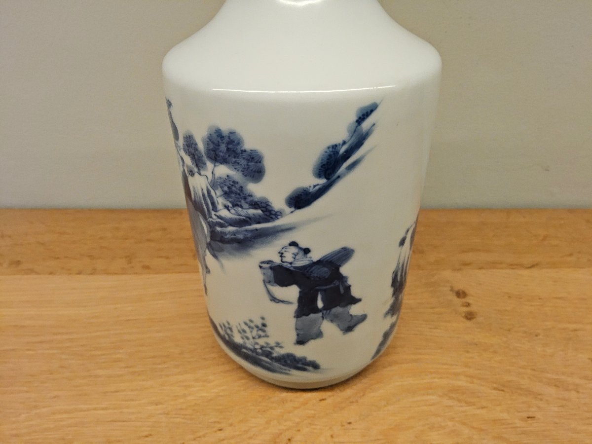 Vase mallet chinois en porcelaine blanc bleu-photo-6