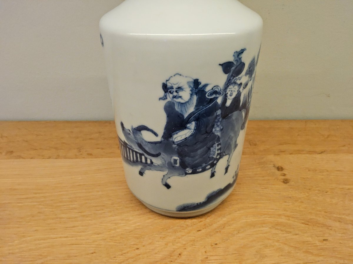 Vase mallet chinois en porcelaine blanc bleu-photo-8