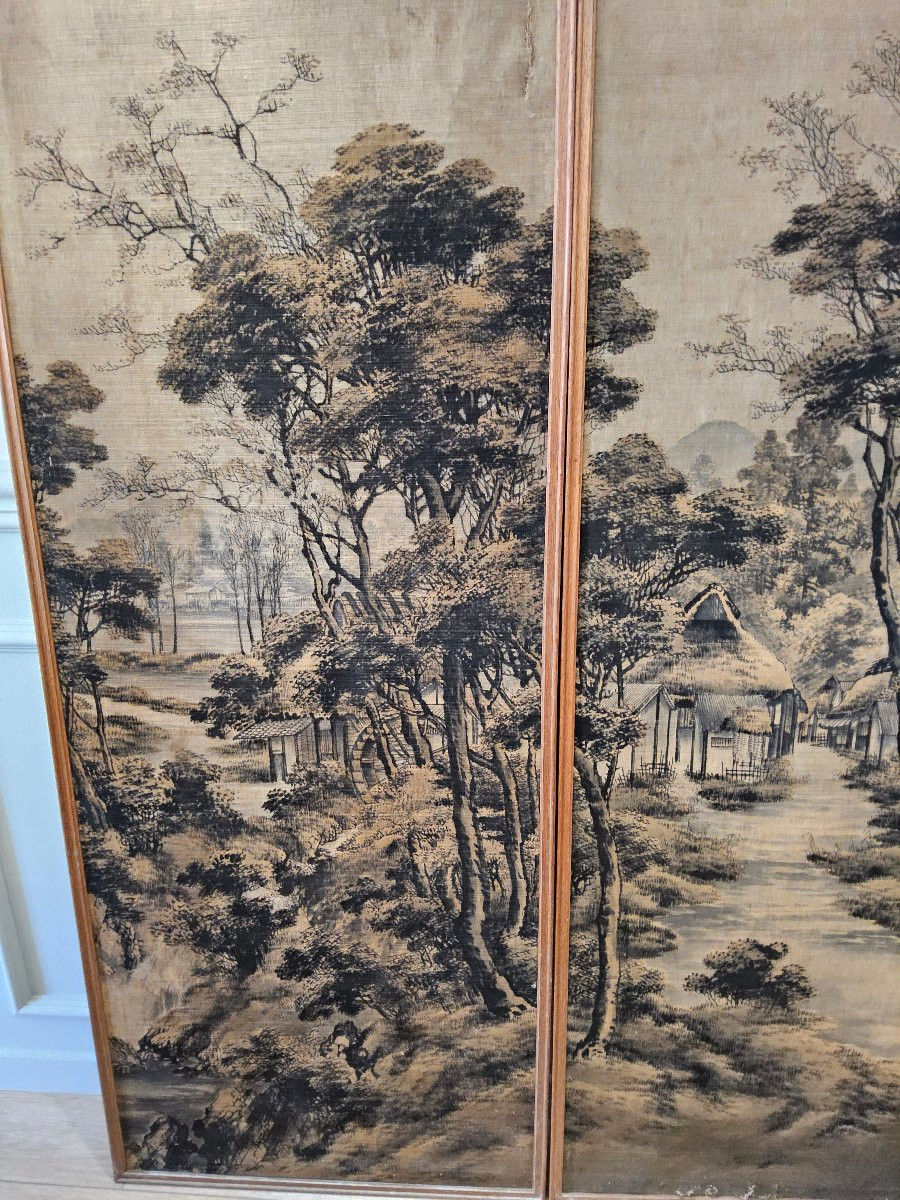 Chine, 2 panneaux muraux, peinture sur soie.-photo-3