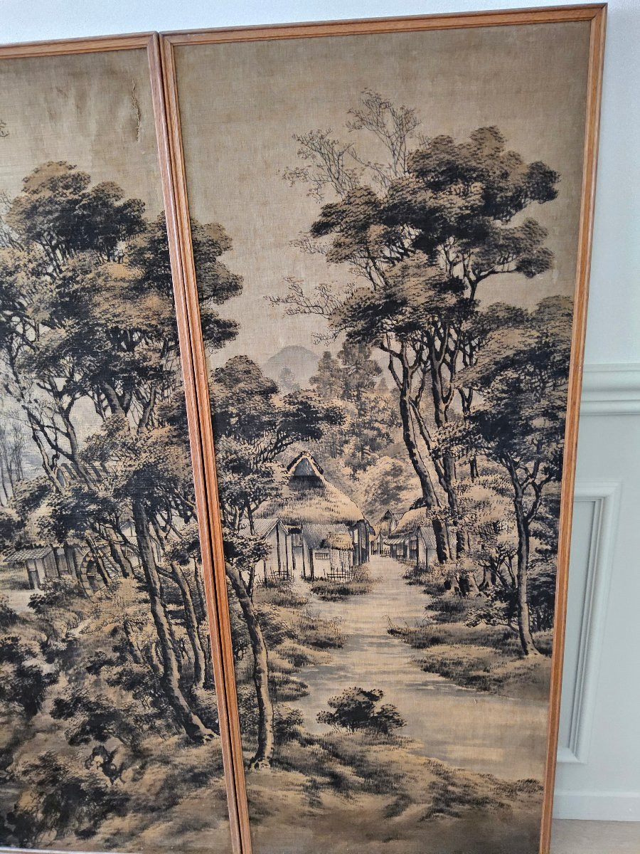 Chine, 2 panneaux muraux, peinture sur soie.-photo-4