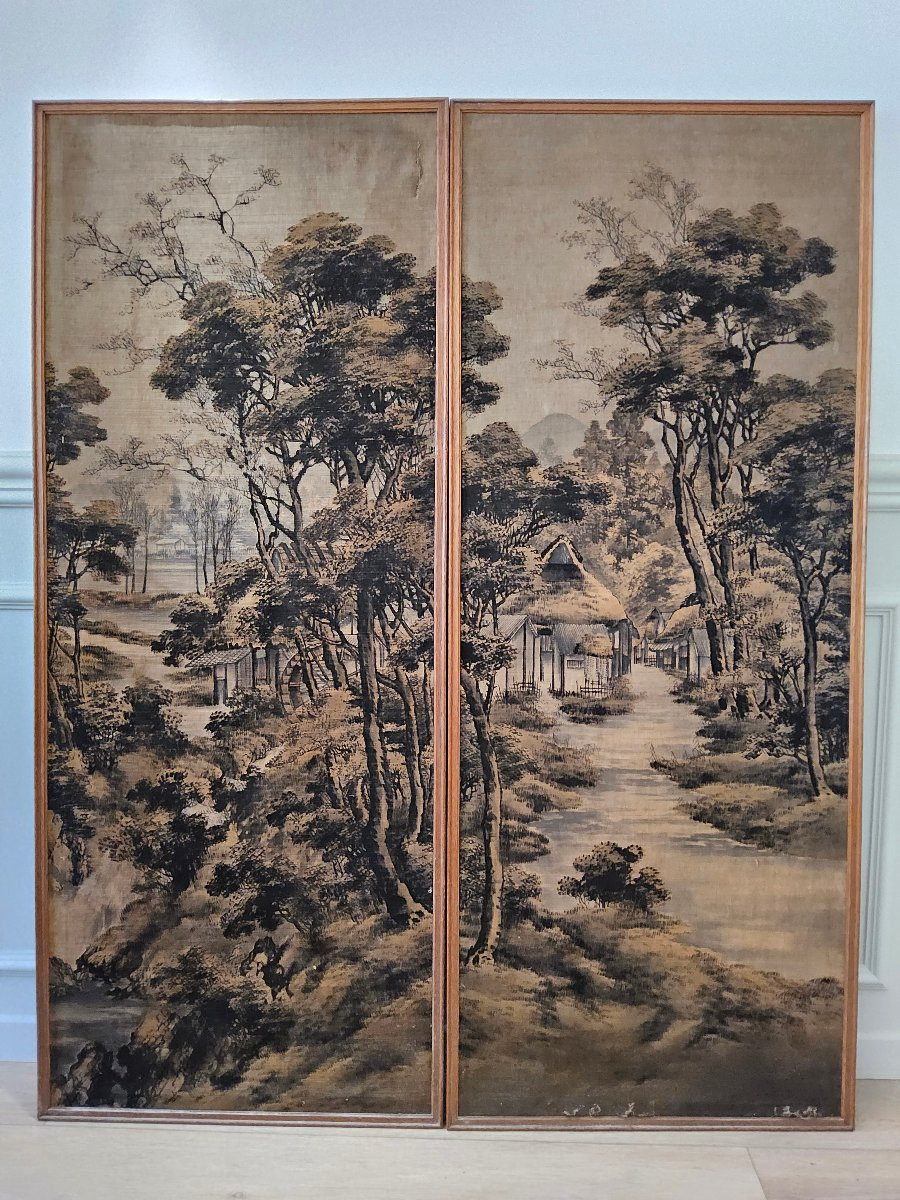 Chine, 2 panneaux muraux, peinture sur soie.-photo-6