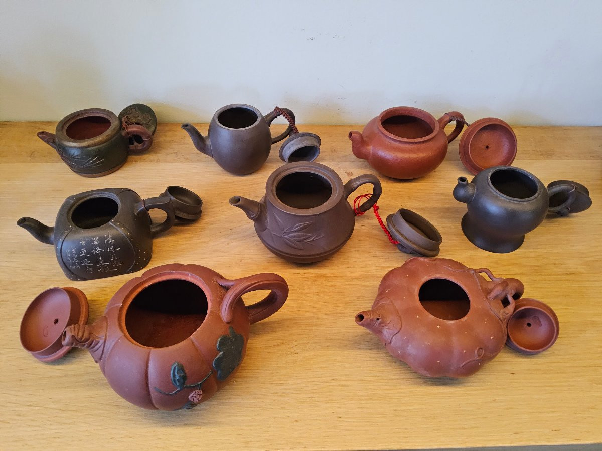 Yixing Sandstone. China. Set Of Eight Teapots.-photo-4