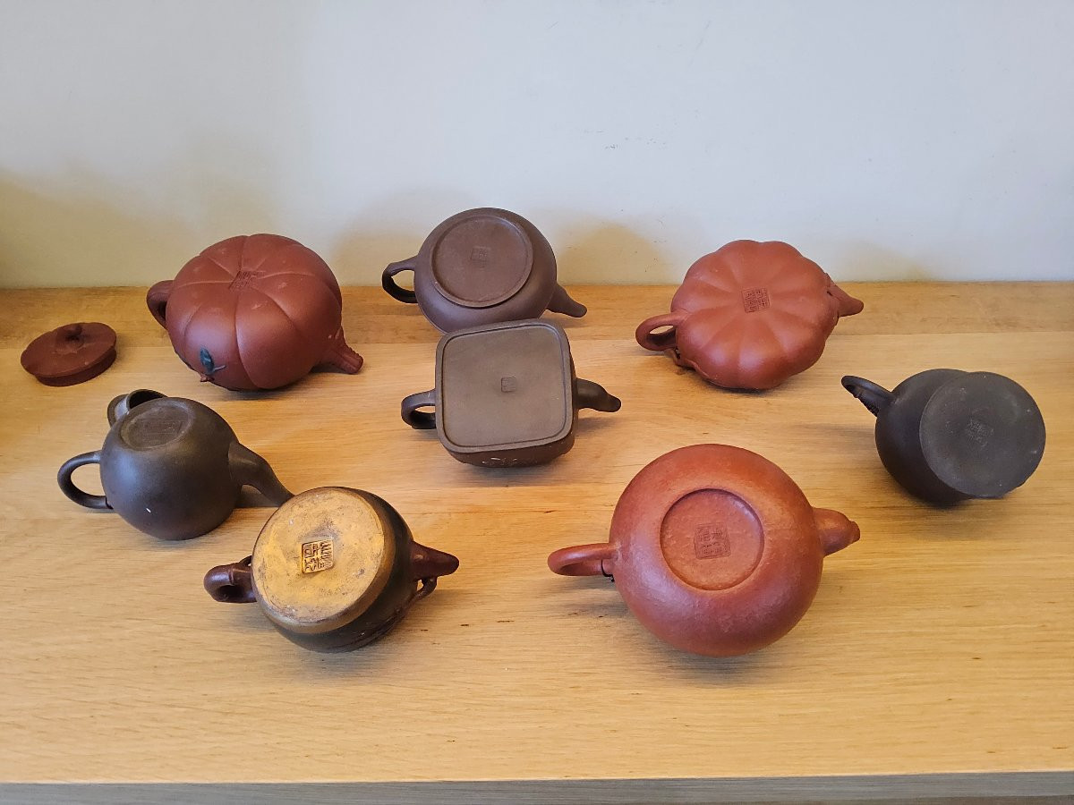Yixing Sandstone. China. Set Of Eight Teapots.-photo-1