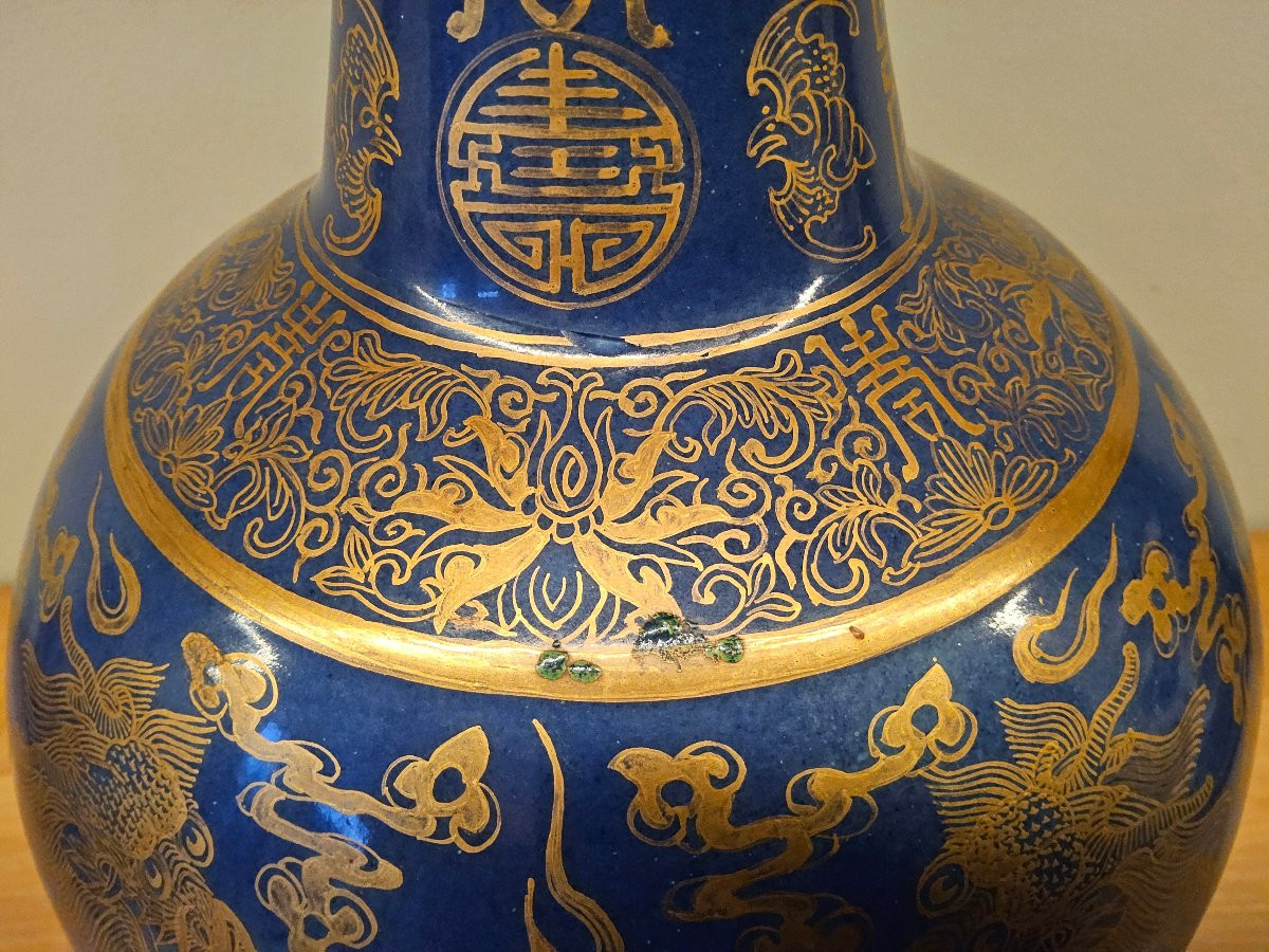 China. Vase Decorated With Gold-powdered Dragons On A Blue Background. Qing Dynasty, Guangxu Period.-photo-4