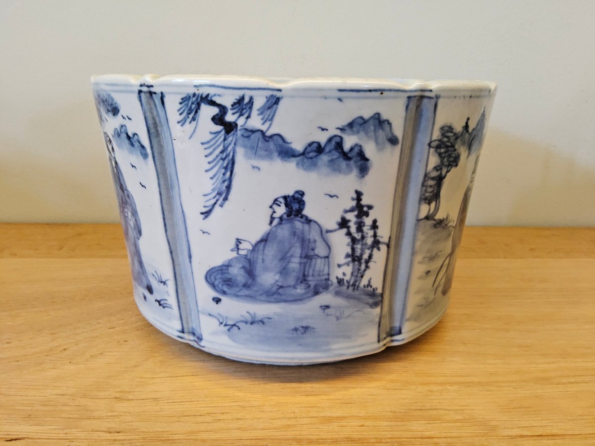 Chine. Lave pinceaux "bitong" en porcelaine et décors en bleu sous couverte-photo-2