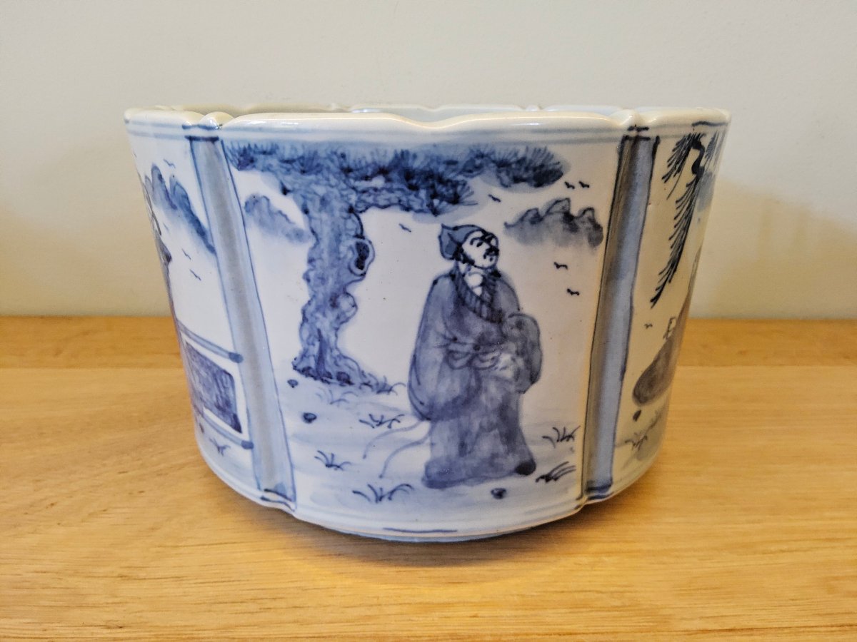 Chine. Lave pinceaux "bitong" en porcelaine et décors en bleu sous couverte-photo-3