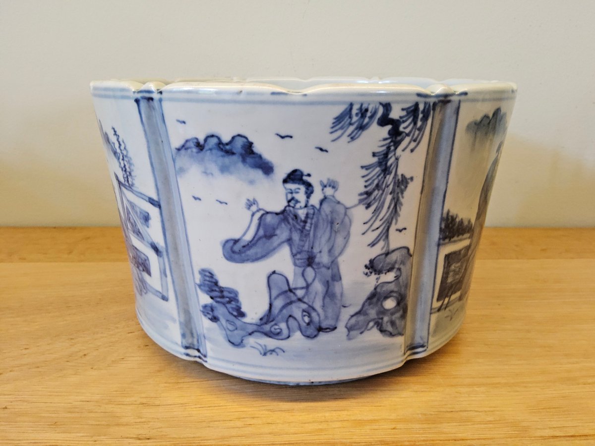 Chine. Lave pinceaux "bitong" en porcelaine et décors en bleu sous couverte-photo-4